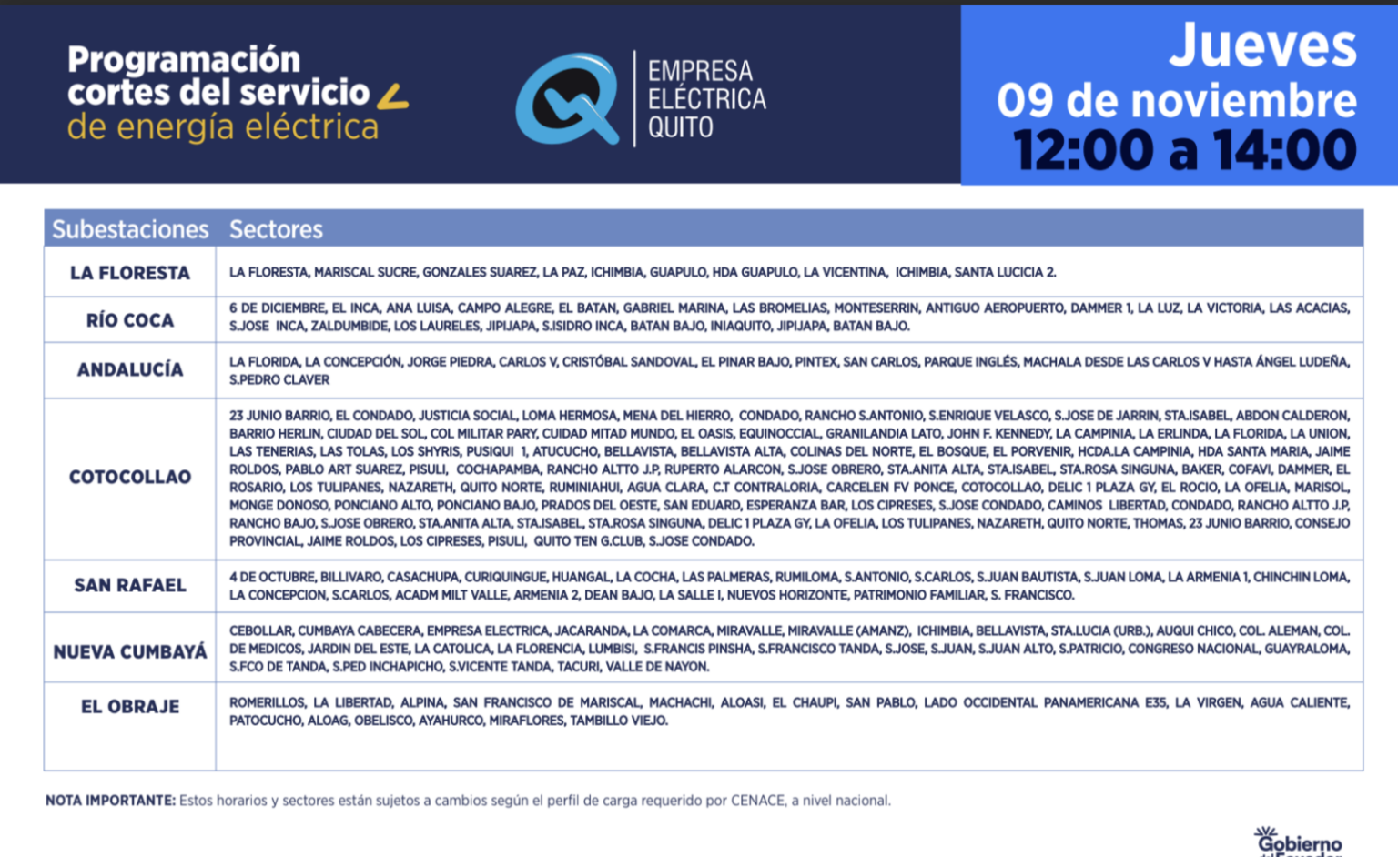 Conozca los horarios de los apagones en Quito del 6 al 9 de noviembre